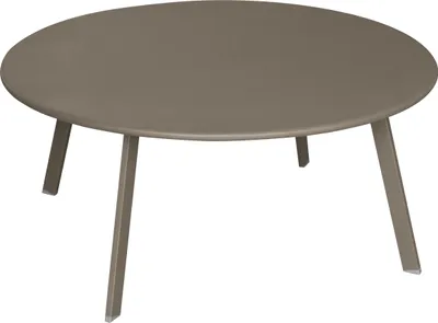 A round coffee table with three legs on a white background.