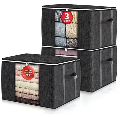 3er-Set Aufbewahrungstaschen 90 l, faltbar, mit Deckel, schwarz