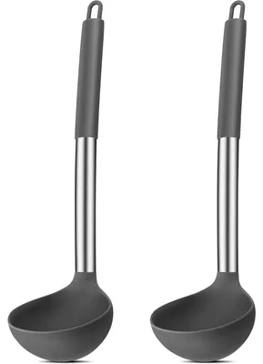 Zdjęcie produktu dla Zestaw dwóch łyżek do zupy, silikon i stal nierdzewna, rączka 30 cm, kolor: szary