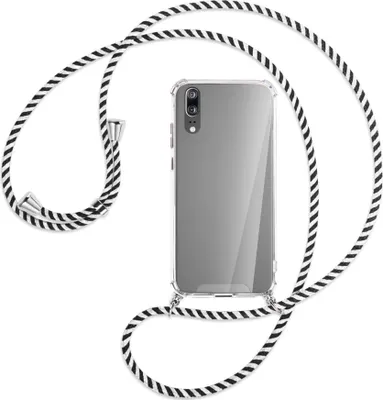 Produktbild von Handykette Backcover-Schutzhülle mit Band (Metall silberfarben) für Huawei P20 - schwarz/weiß gestreift