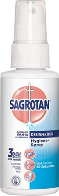 A product shot of a Sagrotan hygiene spray bottle against a white background.
