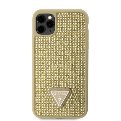 Zdjęcie produktu dla Guess Rhinestones Triangle Metal Logo Case iPhone 11 Pro Max Gold