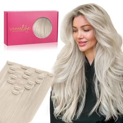 Zdjęcie produktu dla Profesjonalne pasemka do przedłużania włosów, naturalne włosy, 55 cm, 7 sztuk, 150 g, platynowy blond, klipsy z materiału PU, do przedłużania włosów