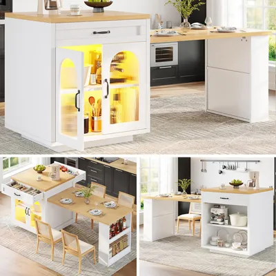 Produktbild von Kücheninsel ausziehbar 126-196cm mit RGB-LED-Beleuchtung & App-Steuerung, Küchenschrank mit geriffelten Glastüren, Multifunktionaler Küchentresen aus robustem MDF