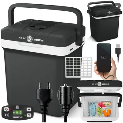 Produktbild von PEME Essential 23 Liter elektrische Kühlbox zum Kühlen und Warmhalten, 12/230V mobiler Kühlschrank, Eco-Modus, USB-Anschluss, für Camping und Auto