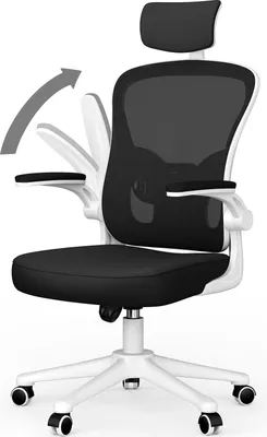 A black and white ergonomic office chair with a headrest and adjustable armrests is shown against a white background.