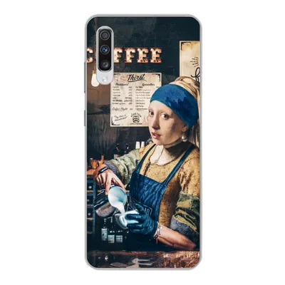 Produktbild von MuchoWow® Handyhülle Schutzhülle Hülle für Samsung Galaxy A70 Mädchen mit Perlenohrring - Cappuccino - Barista - Vermeer - Kaffee - Gemälde Silikon Softcase Handy Hülle - Schutzhaube