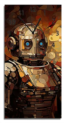 Produktbild von Wallario Design Wanduhr Bildnis eines Roboters aus Echtglas, Größe 30 x 60 cm