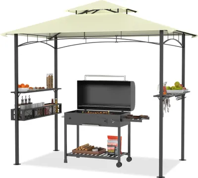 Produktbild von QEENTOE Grillpavillon 245 x 153 x 250 cm, wasserdicht, mit Rauchabzug & UV-Schutz, windfeste Grillüberdachung für Garten & Camping, Beige