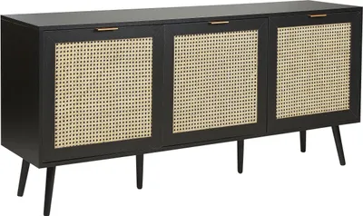 Zdjęcie produktu dla BELIANI Szafka trzydrzwiowa czarna płyta MDF rattanowe fronty półki plecionka szafka pod telewizor czarne drewniane nóżki styl Boho do salonu