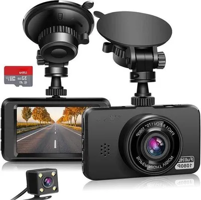 Image de Caméra embarquée Full HD 1080p avec carte SD de 32 Go - Caméras avant et arrière avec enregistrement en boucle et capteur G - Écran LCD