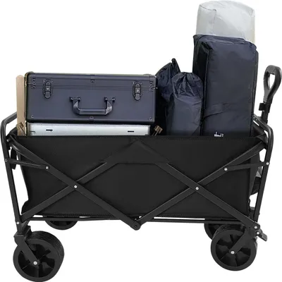 Produktbild von Faltbarer Bollerwagen - Schwerlast Handwagen - 115 kg Tragkraft - 4 Räder 20 cm - Stahlrahmen & 800D Gewebe - Verstellbarer Griff - Schwarz