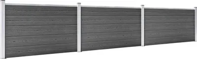 A long, grey WPC fence with silver posts against a white background.