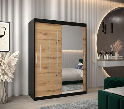 Produktbild von Kleiderschrank mit Spiegel ROZALIE – Breite 150 cm, schwarz / Eiche artisan