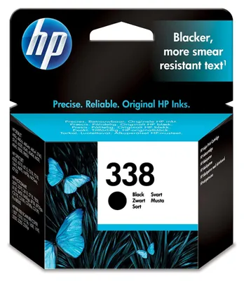 The image shows the packaging of an HP 338 black ink cartridge.