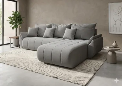 Image de Canapé d’angle SYDNEY droit beige maille Wind 11 - fonction couchage, coffre de rangement pour la literie