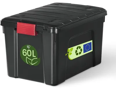 Image de Boîte de rangement en plastique - 60 litres - Empilable - Noir - Avec poignées et fermeture à clip