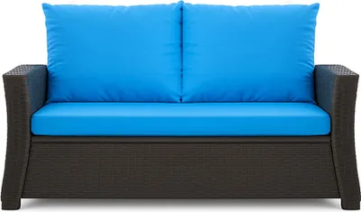 A front view of a dark gray rattan sofa with bright blue seat and back cushions, set against a white background.