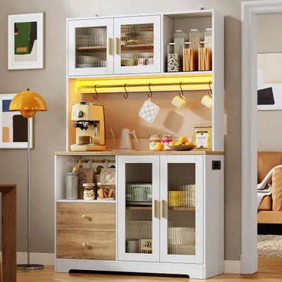Image de Armoire de cuisine Flieks de 178 cm avec éclairage LED, prise électrique, portes en verre trempé, étagère à vin, meubles hauts avec plan de travail renforcé, buffet, couleur blanche