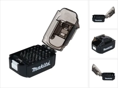 A set of drill bits in a black storage case with a transparent lid, shown on a white background. The case has the Makita logo on it. There are also smaller images of a battery pack on the right side.