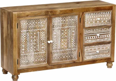 Immagine prodotto di Milani Home - madia credenza in legno di mango 150 x 45 x 90 cm, 2 ante e 3 cassetti, naturale e bianco