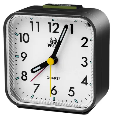 A close-up studio shot of a black analog alarm clock.