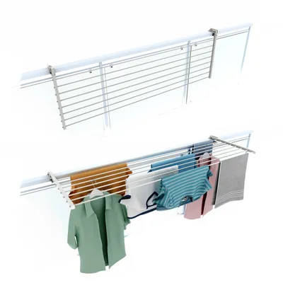 Two views of a white aluminum drying rack mounted on a wall, with clothes hanging on the lower rack.