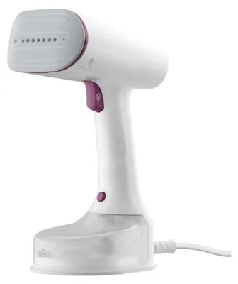 A white handheld garment steamer with a purple accent.