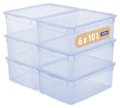 Image de Boîte de rangement transparente Rotho avec couvercle, 10 litres, lot de 6, empilable, de couleur bleue