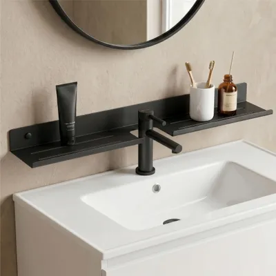 Produktbild von doporro Waschbecken Ablage 60 cm über dem Wasserhahn, Badezimmer Regal ohne Bohren oder zum Bohren, Waschbecken-Wasserhahn-Organizer,  Grau Reglo-17