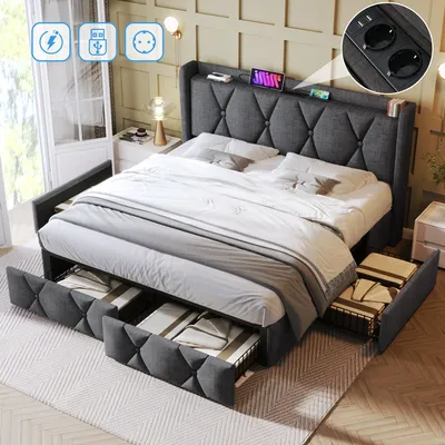 Produktbild von Odikalo Polsterbett 140x200 mit USB + 4 Schubladen,Doppelbett Stauraumbetten Bettgestell, Lattenrost/Kopfteilaus Holz, Grau, Ohne Matratze