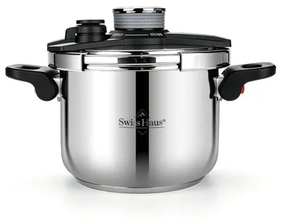 Obrázek produktu pro Tlakový hrnec Swiss Haus SH-PCA8L, 8 L, 24x18,6 cm, 100 kPa, Nerezová ocel, Bez PFAS, Trojvrstvé dno, Indukce, Stříbrná