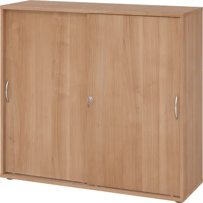 Produktbild von bümö Schiebetürenschrank office - 3 Ordnerhöhen - Nachbildung: Nussbaum, Griff: Bogengriff (Metall)