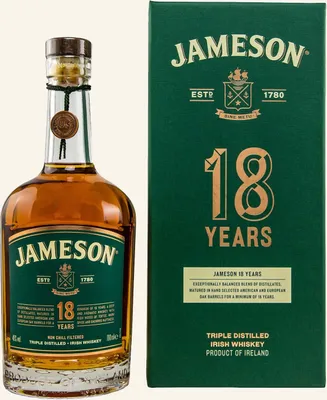 A bottle of Jameson 18 Years Irish Whiskey and its matching presentation box are shown against a white background.