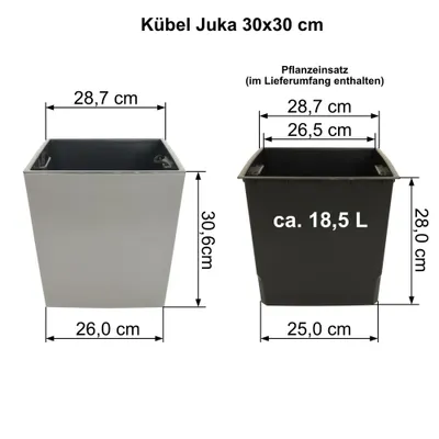 Two planters with dimensions and volume indicated.