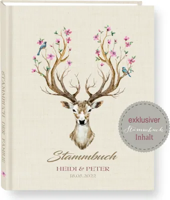 Produktbild von Stammbuch der Familie mit Namen Chifre beige Stammbücher A5 Familienstammbuch personalisiert Hochzeit Trauung Leinen Stoff Hirsch