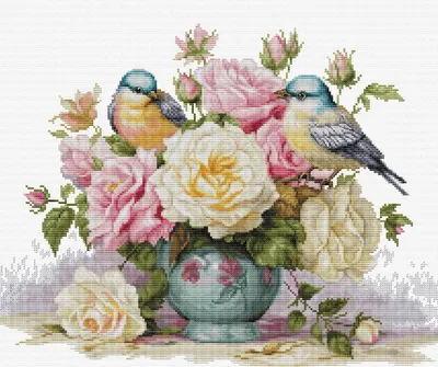 Image de Luca-S kit de broderie au point de croix "Vase avec roses et oiseaux", motif à compter, 34x27cm