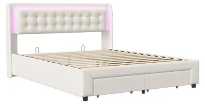 Obrázok produktu pre Postel s úložným priestorom – čalúnená posteľ 160 x 200 cm – hydraulický úložný priestor a 2 zásuvky – rošt – čalúnená hlavica – béžová farba