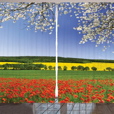 Produktbild von ARANDE Blume Gardine, Mohnfeld Mit Einer Frühlings Landschafts Und Blüten Baum Ansicht Im Wiesen Natur Bild, 280 x 175 cm, Mehrfarbig
