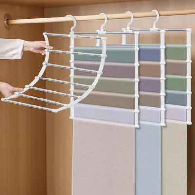 Obrázek produktu pro Sada 4 prostorově úsporných ramínek, 6stupňový věšák na kalhoty, věšák na kalhoty s háčkem otočným o 360°, robustní věšák na kalhoty