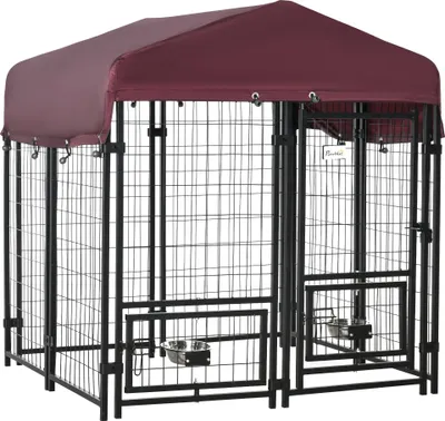 Produktbild von PawHut Outdoor-Zwinger mit Oxford-Stoff-Markise, Hundepark, 8 Stahlzäune mit 2 rotierenden Futterspendern, Tür und Schloss, Garten-Hundekäfig, 120 x 120 x 138 cm, Schwarz