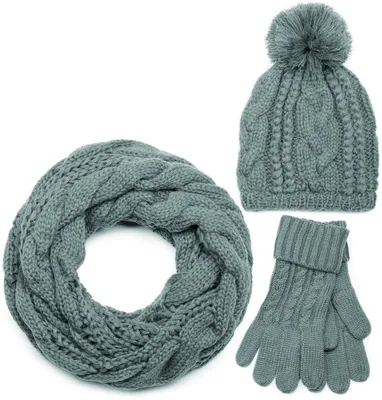 Produktbild von styleBREAKER Schal, Mütze und Handschuh Set, Zopfmuster Strickschal mit Bommelmütze und Handschuhe, Damen 01018208