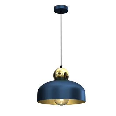 A single navy blue and gold pendant light fixture is shown against a white background.
