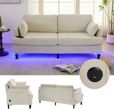 Produktbild von 2-Sitzer Chenille-Sofa Holzbeine LED USB Aufbewahrungstasche 175x83x78 cm beige