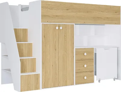 Produktbild von Zwischengeschossbett 90 x 190 cm mit Kleiderschrank und Schreibtisch - Weiß und Natur - LANILATO