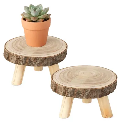 Produktbild von Blumenhocker aus Baumscheibe rund mit Rinde Ø 16 cm - 2er Set - Holz Pflanzenständer natur auf 3 Füßen