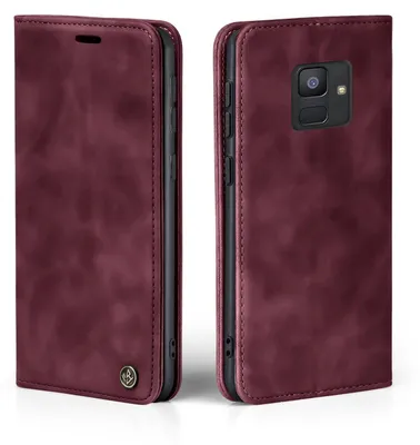 A burgundy flip case for a Samsung Galaxy A6 2018 phone is shown from two angles.