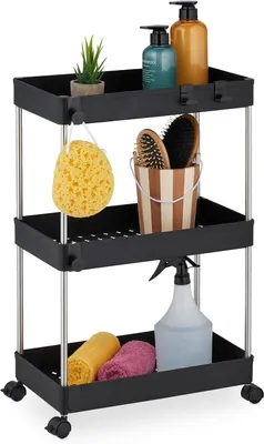 Image de Chariot de cuisine compact - 3 étagères - Pour cuisine, salle de bain et petits espaces - 62 x 41,5 x 23,5 cm - Chariot de salle de bain - Noir