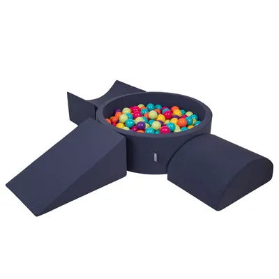 Obrázok produktu pre KiddyMoon Mäkké penové ihrisko pre deti s guľatým loptičkovým ihriskom (300 ∅ 7 cm) s mäkkými prekážkami a loptičkovým bazénom,  vyrobené v EÚ, Tmavomodrá:HelZelená/Žltá/Türkis/Orange/DRu