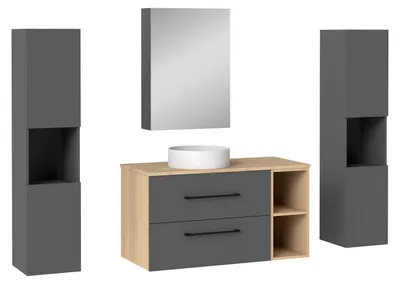 Image de Acezanble Ensemble meuble salle de bain, Meuble 99cm avec 2 Tiroirs, Vasque et Miroir de Rangement, 2 Colonnes 131.5cm